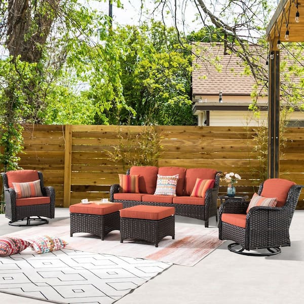XIZZI Moonlight Brown 6-Piece Wicker Patio Conversation Seating Sofa Set with Orange Red Cushions and Swivel Rocking Chairs