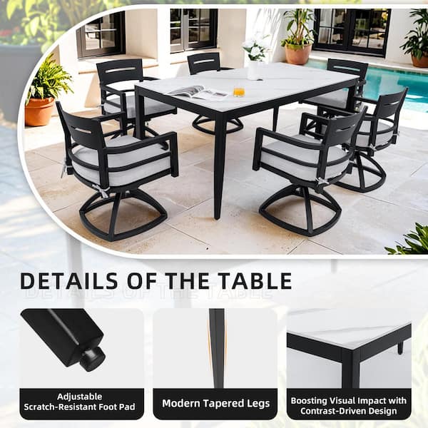 7-Piece Greek White Modern Aluminum Outdoor Dining Set with Rectangle Dining Table and Swivel Rockers with Cast Cushions
