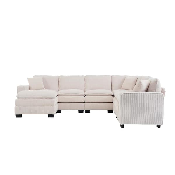 Z-joyee 143.7 in. Wide Square Arm Corduroy Fabric U-Shaped Modern Upholstered Sofa in White