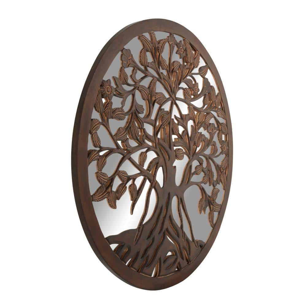 Round Brown Wood Tree Mirrored Wall Decor, 48"