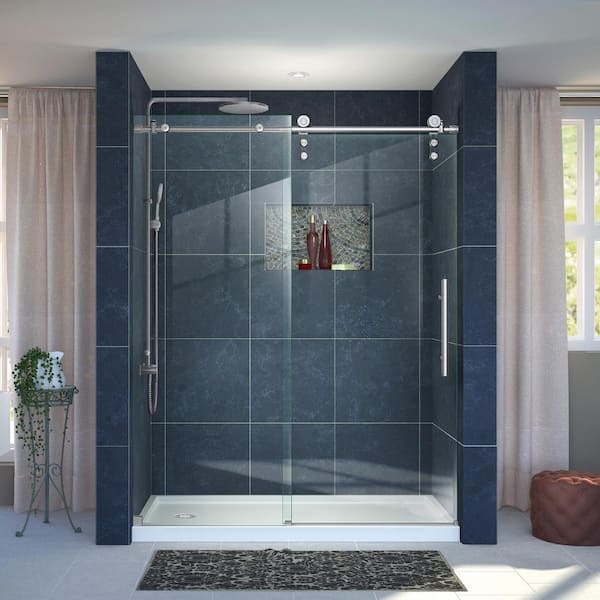 DreamLine Enigma-Z 30 in. x 60 in. x 78.75 in. Sliding Shower Door in Brushed Stainless Steel with Left Drain White Acrylic Base