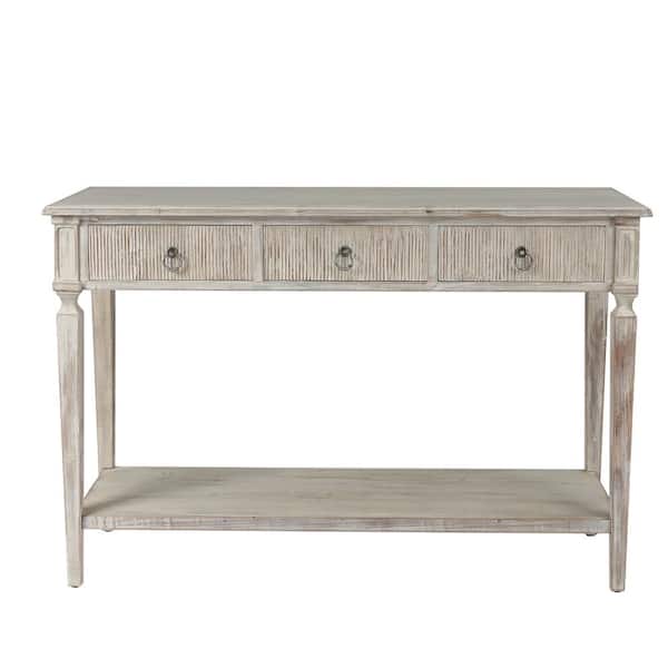 LuxenHome 31.63 in. White Washed Wood 3-Drawer Console Table