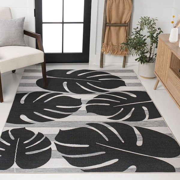 JONATHAN Y Allison Classic Beach Stripe and Monstera Leaf Black