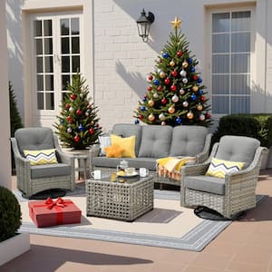 Denver 5-Piece Wicker Outdoor Furniture Patio Conversation Sofa Set with Swivel Rocking Chairs and Dark Grey Cushions