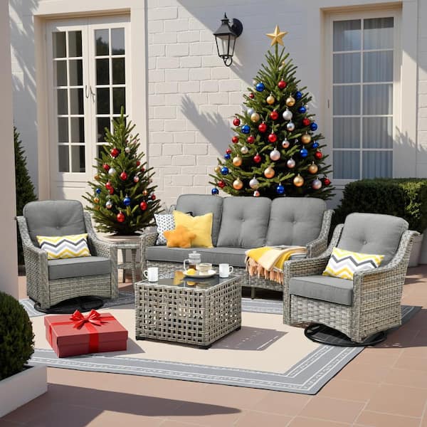 Denver 5-Piece Wicker Outdoor Furniture Patio Conversation Sofa Set with Swivel Rocking Chairs and Dark Grey Cushions