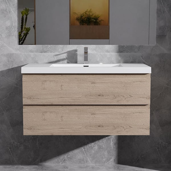 Opvande Alice 42 in. W x 20 in. D x 22 in. H Single Floating Bathroom Vanity in Natural Oak with Solid Surface Sink Top in White
