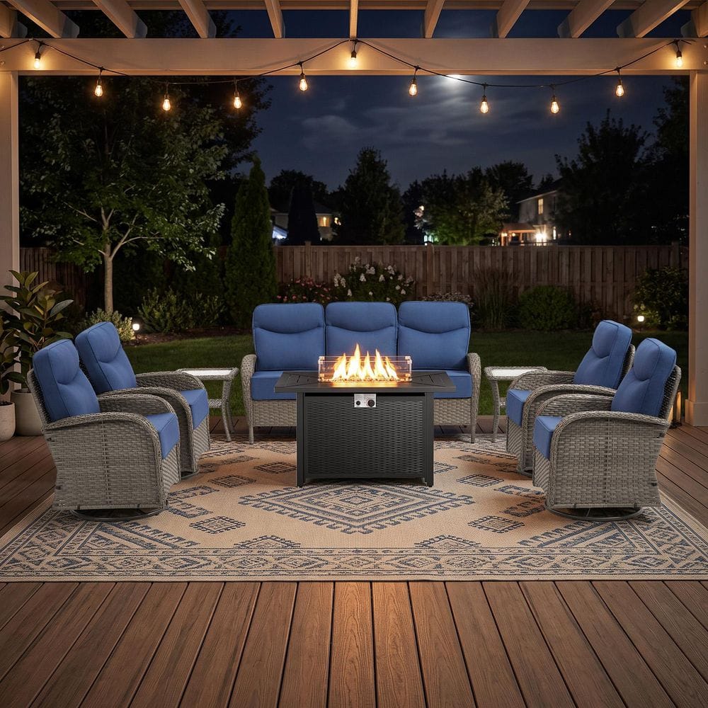 Moonridge 8-Piece Gray Wicker Fire Pit Conversation Set with 6 In. Olefin Blue Cushions / Metal Fire Pit Table price history on PriceWatchPro