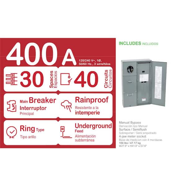 Homeline 400 Amp 30-Space 40-Circuit Outdoor Ring-Type Underground Main Breaker CSED with Class 320 Test Block Bypass