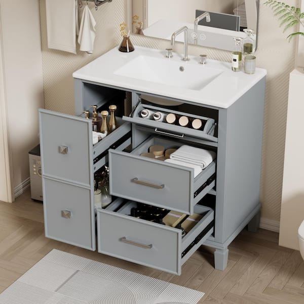 NURVIA 30 in. Single Sink Freestanding Grey Bath Vanity with White Ceramic Top Unassembled