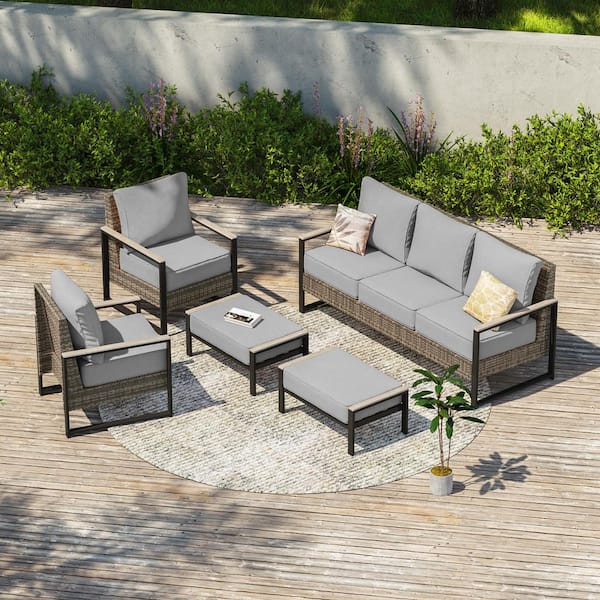 JOYESERY 5 Pieces Patio Conversation Set Sofa with Ottomans Gray PE Wicker Wide Armrests with Gray Cushion