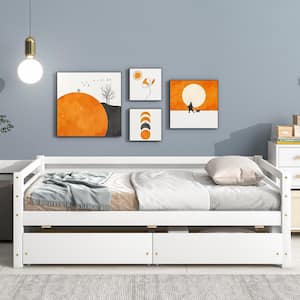 Wood Twin Daybed with Drawers, Wood Storage Daybed with 2 Storage Drawers, Wooden Platform Bed for Kids Guests, White
