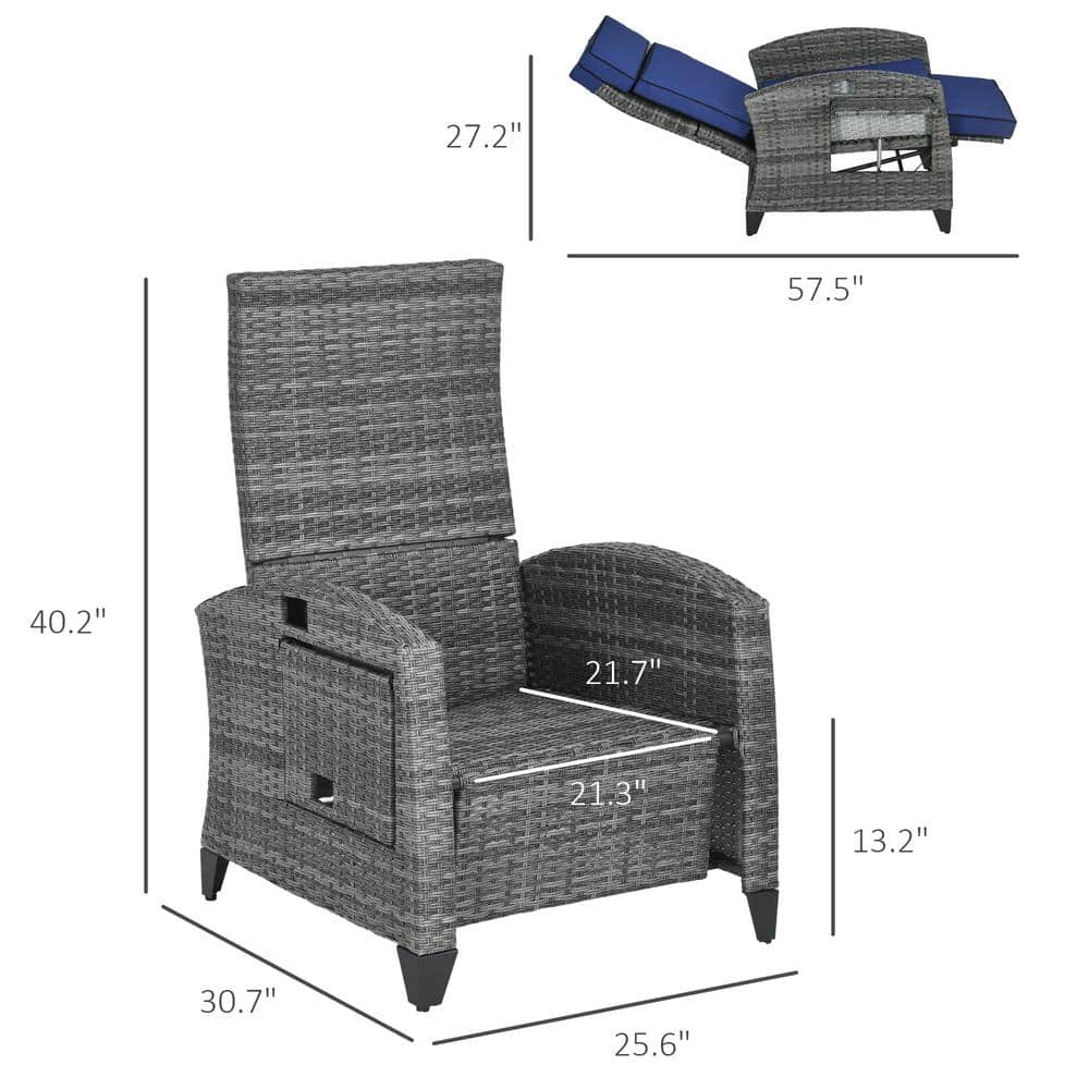Dark Blue Wicker Reclining Outdoor Lounge Chair with Cushions