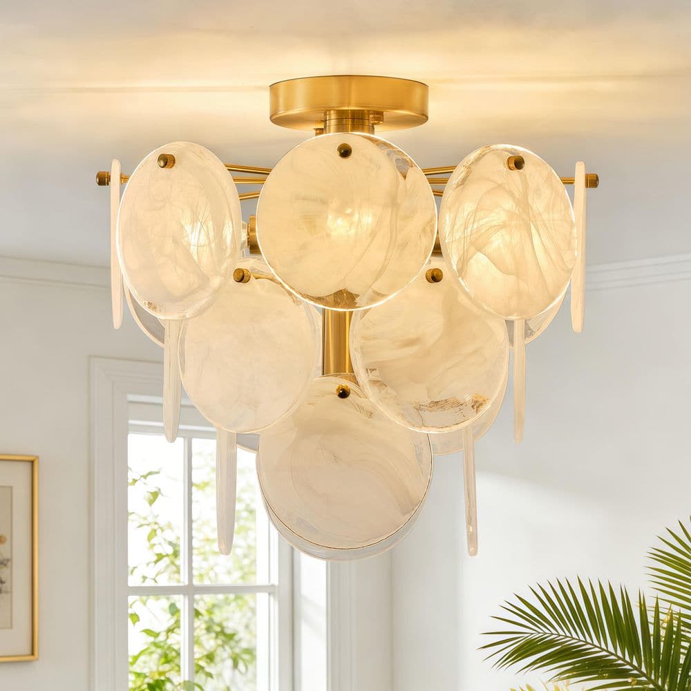 TinHon 15 in. Modern Gold Cloud Glass 4-Light Semi Flush Mount