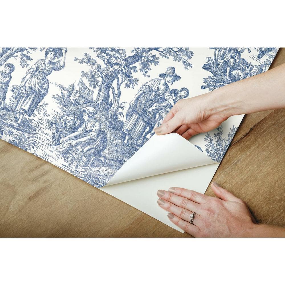 Blue and White Vinyl Peel & Stick Toile Wallpaper Roll