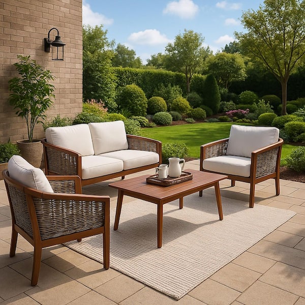 4-Piece Wooden Patio Conversation Set with Cushions and Matching Coffee Table, Acacia Wood Frames in Brown