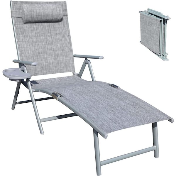 Outdoor 1-Piece Grey Aluminum Folding Chaise Lounge, Adjustable Sunbathing Chair with Cup Holder for Outdoor Beach