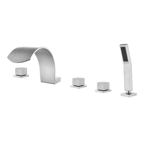 FLG 3-Handle Deck Mount Waterfall Roman Tub Faucet with Hand Shower Brass Bath Tub Filler with Sprayer in Brushed Nickel