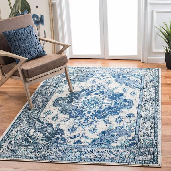 Monaco 3 ft. x 3 ft. Square Ivory/Blue Distressed Border Medallion Area Rug