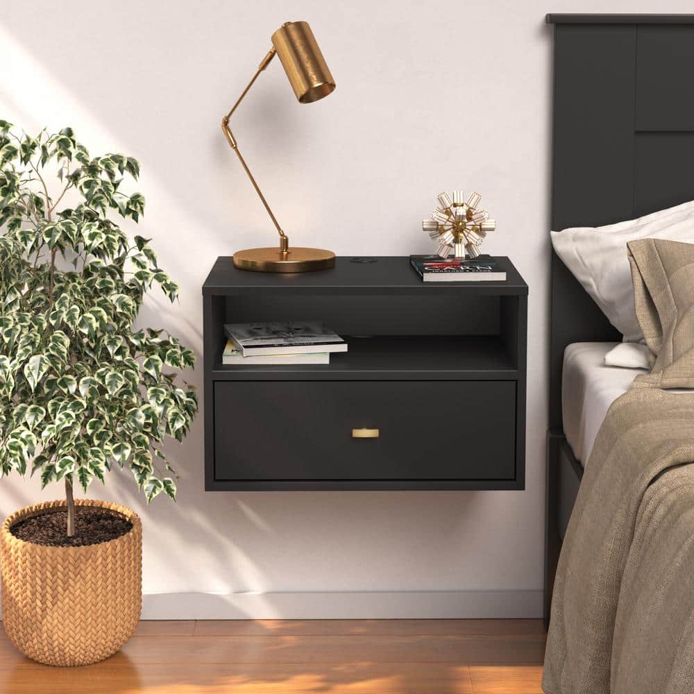 Sleek Black Floating Nightstand with Drawer and Open Shelf