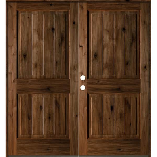 72 in. x 80 in. Rustic Knotty Alder Square Top Provincial Stain/V-Groove Right-Hand Wood Double Prehung Front Door