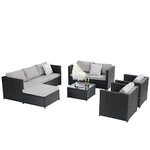 Black 6-Piece Wicker Outdoor Sectional Set with Light Gray Cushions