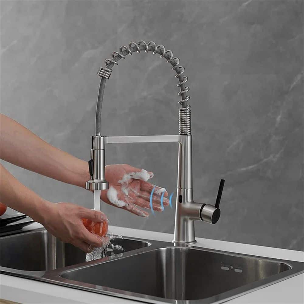 FLG Touchless Kitchen Sink Faucet With Pull Down Sprayer Commercial Single  Handle Sensor Automatic Brass Taps Brushed Nickel CC-0053-BN The Home  Depot