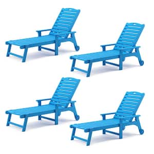 Helen Blue Recycled Plastic Ply Adjustable Outdoor Reclining Chaise Lounge Chairs With Wheels for Poolside (Set of 4)