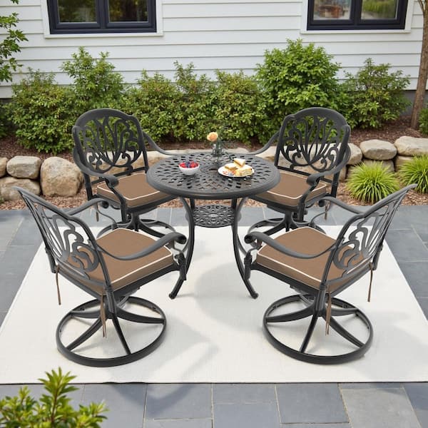 Willit Elizabeth 5-Piece Cast Aluminum Patio Outdoor Dining Set with Round Dining Table, 4 Swivel Chairs and 4 Brown Cushions