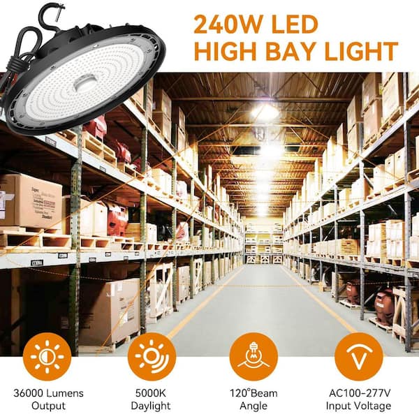 1.02 ft. 240-Watt Black Integrated LED UFO High Bay Light, 36,000 Lumens, 5000K Daylight , Plug-In (2-Pack)