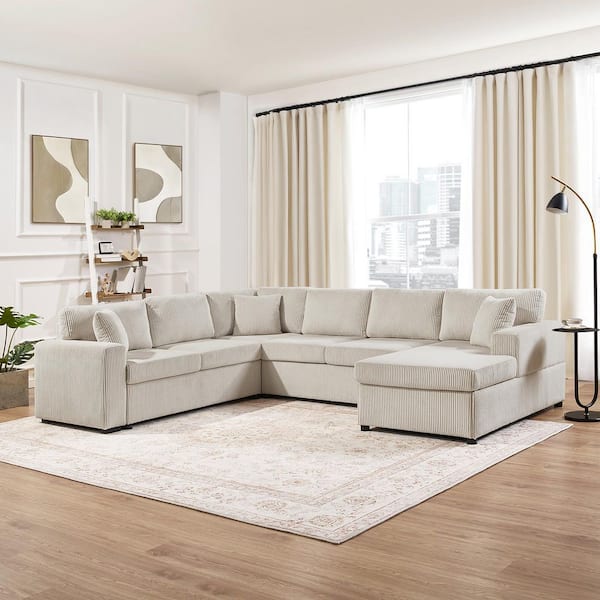 115.3 in. Square Arms Corduroy Fabric U-Shaped Sofa in Light Gray