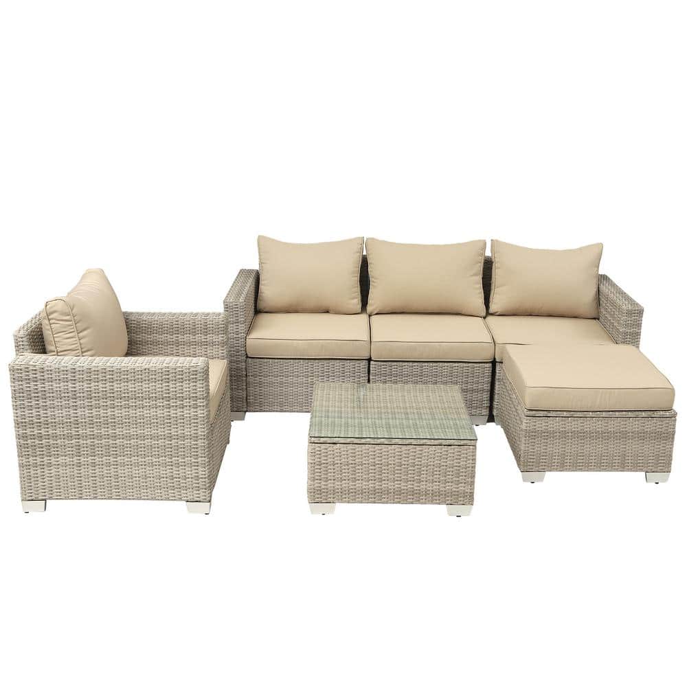 6-Piece Grey Rattan Wicker Patio Conversation Set Outdoor Sectional Sofa Se