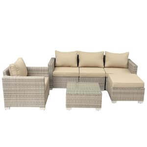 6-Piece Grey Rattan Wicker Patio Conversation Set Outdoor Sectional Sofa Set with Field Gray Cushions