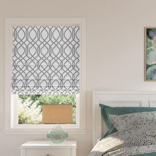 Sun Zero Detour Cordless White 100% Blackout Modern Trellis Fabric Roman Shade 27 in. W x 64 in. L