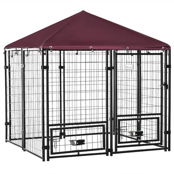 60.25 in. H Metal Garden Fence Outdoor Dog Kennel with Rotating Bowls, Walk-in Playpen, and UV-Resistant Canopy