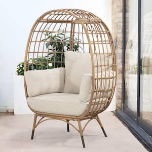 Patio Yellow Wicker Indoor/Outdoor Egg Lounge Chair with Beige Cushions