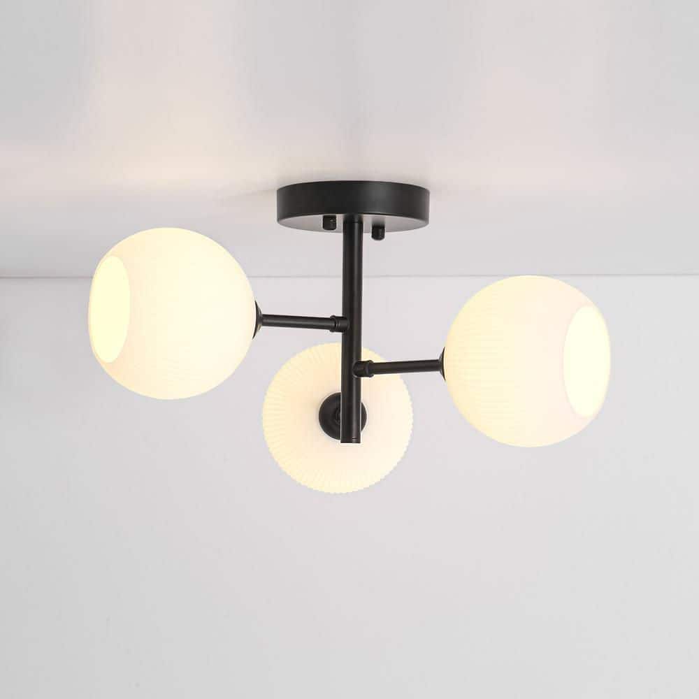 Ceder 3-Light 20 in. W Black Semi-Flush Mount Modern Sputnik Ceiling Light with Ribbed Satin Alabaster Glass for Foyer price history on PriceWatchPro
