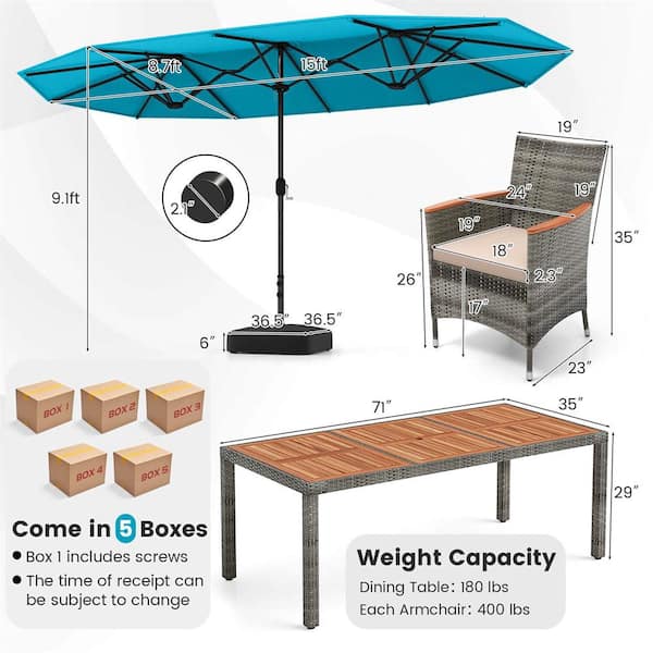 10-Piece Wicker Rectangle Outdoor Dining Set with Beige Neutral Cushions and Turquoise Umbrella