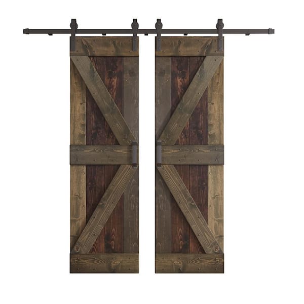 COAST SEQUOIA INC K Series 60 in. x 84 in. Smoky Gray/Kona Coffee Knotty Pine Wood Double Sliding Barn Door with Hardware Kit