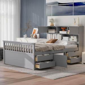 Nestfair Wood Frame Full Size Platform Bed with 4 Drawers, Storage Bookcases and Shelves (Gray)
