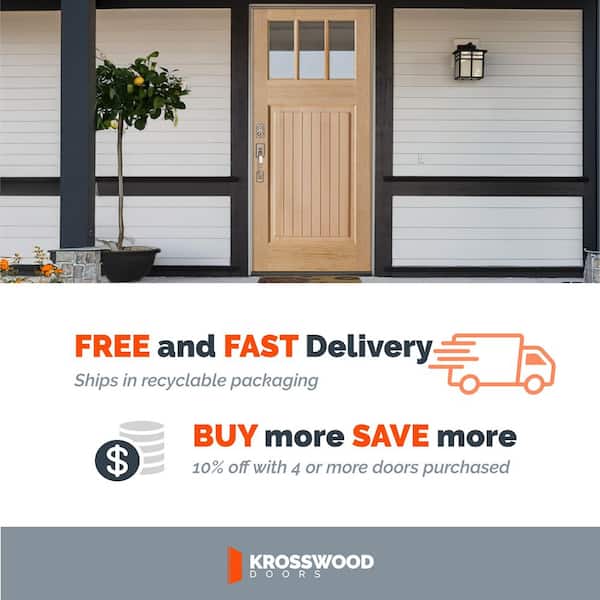 36 in. x 80 in. Craftsman Universal/Reversible 3 Lite Clear Glass Window Unstained V-Groove Hemlock Wood Front Door Slab