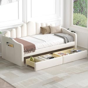 Beige Wood Twin Size Velvet Upholstered Daybed with Channel-Tufted Backrest, 2-Drawers, 2 Side Pockets, 2 USB Ports