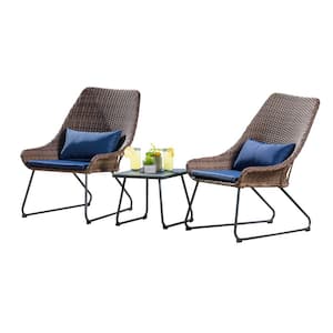 Woodbury 3-Piece Brown Wicker Patio Conversation Set with Blue Cushions