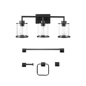 Harlow 23.52 in. 3-Light Matte Black Vanity Light with Clear Glass Shades, 4-Piece Bathroom Accessory Set Included