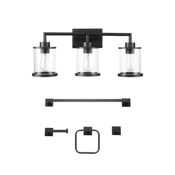 Globe Electric Harlow 23.52 in. 3-Light Matte Black Vanity Light with Clear Glass Shades, 4-Piece Bathroom Accessory Set Included