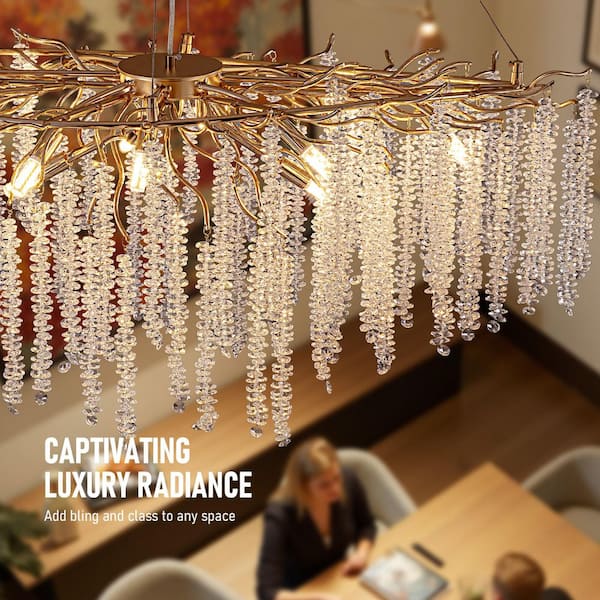 SILJOY 11-Light Gold Crystal Modern Rectangular Chandelier for
