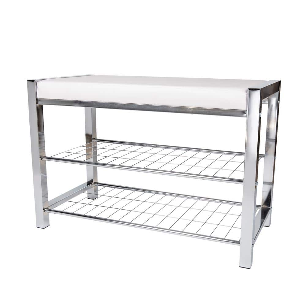 Chic White Leatherette and Chrome Metal Frame Entryway Shoe Bench with Storage