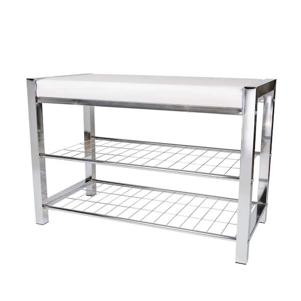 Danya B White Leatherette Storage Entryway Bench with Chrome Frame