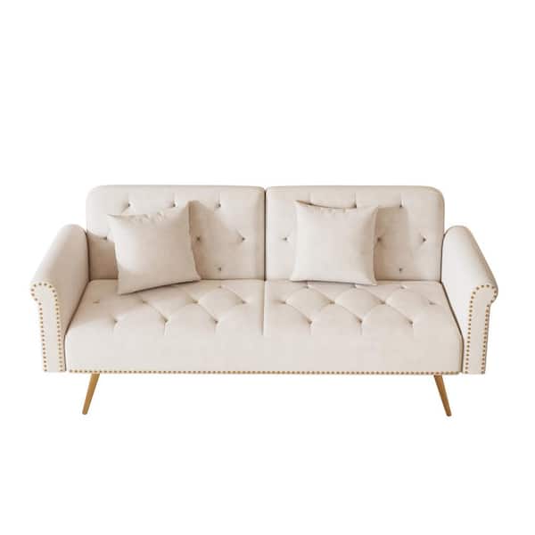 Z-joyee 69.7 in. Beige Velvet Nail Head Modern Twin Size Sofa Bed