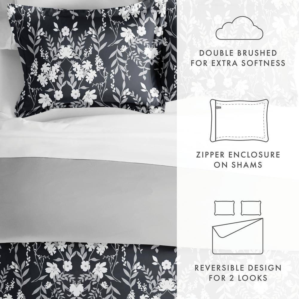 Black and White Floral Print King Microfiber Duvet Cover Set