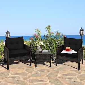 3-Piece PE Rattan Patio Conversation Set with Black Cushions and Tempered Glass Tabletop